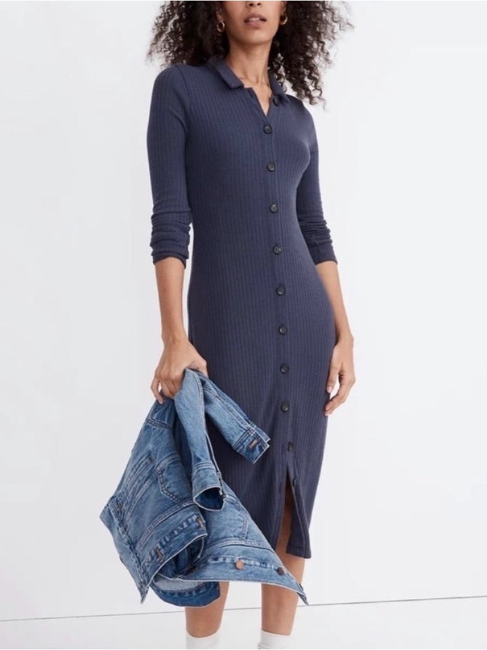 Madewell Button-Front Ribbed Midi Shirtdress in Dusty Blue size XXS